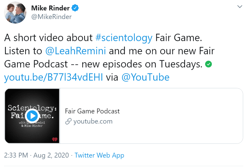 Rinder tweets scientology fair game