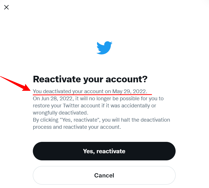 Twitter re-activation notice